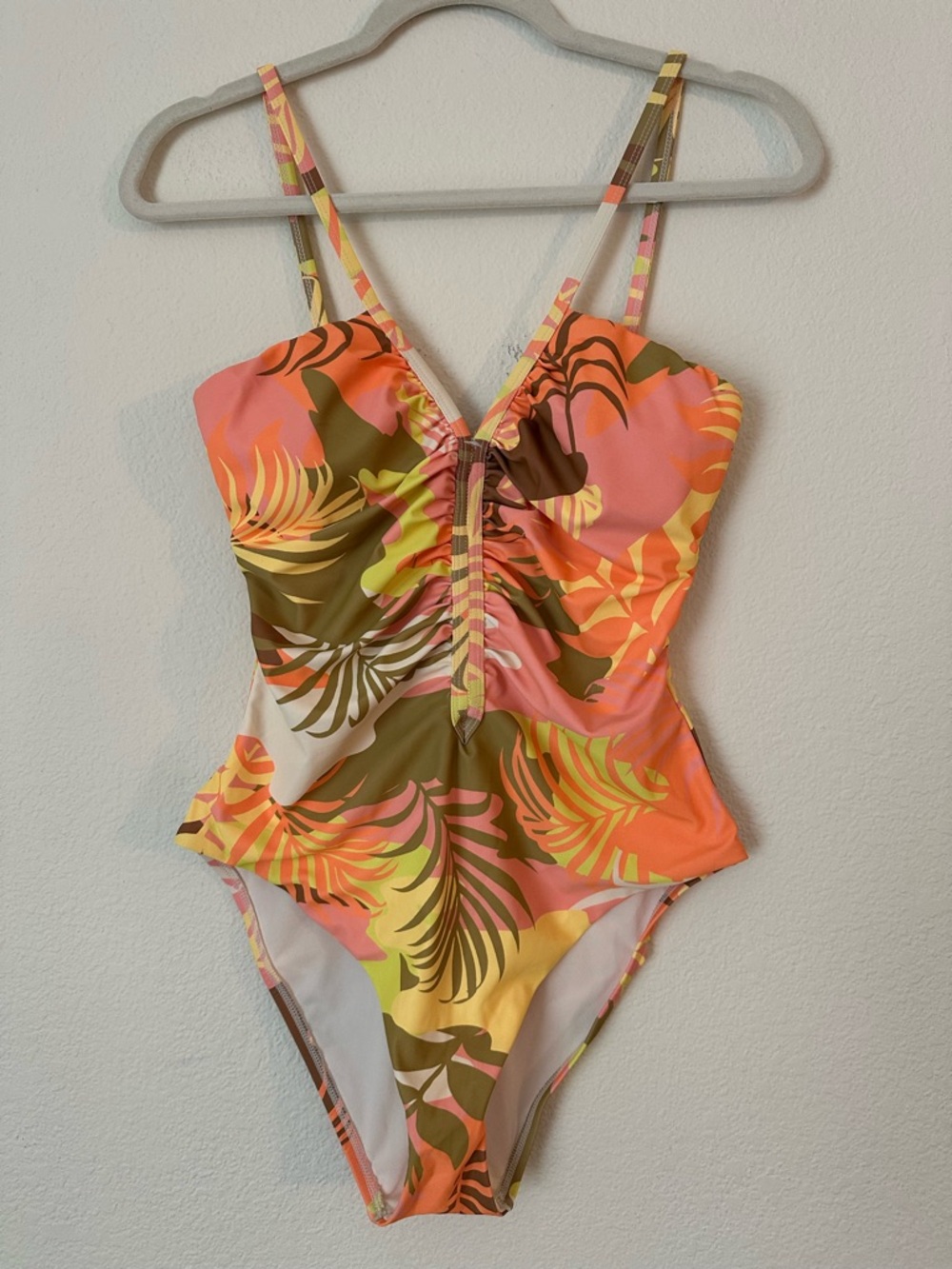Sanctuary Tropical Ruched One-Piece Swimsuit - Pink, Orange, Green Size Medium